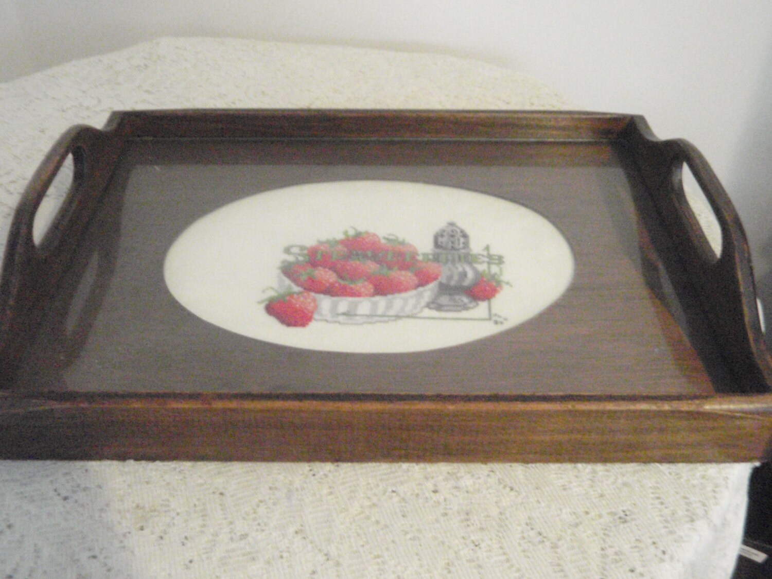 Needlepoint TrayServing tray with glass covering Strawberries Etsy