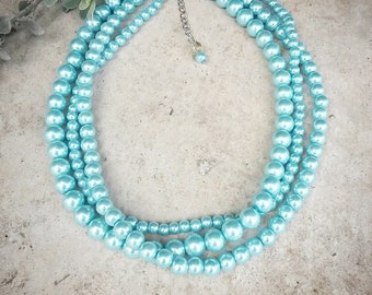 Light blue bridesmaid wedding pearl necklace,Vivid turquoise necklace,Aqua pearl necklace