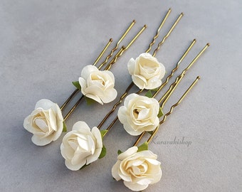 Small cream ivory flower hair pins SET of 6, Bridesmaid Bridal hair pins,Romantic prom hair accessory,Wedding hair pins,Rose bud hair flower