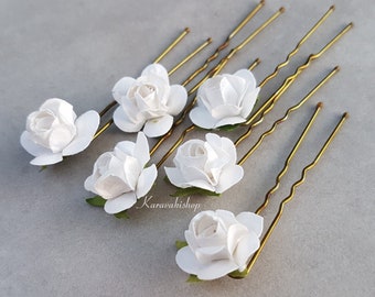 Small white flower hair pins SET of 6, Bridesmaid Bridal hair pins,Romantic prom hair accessory,Wedding hair pins,Rose buds hair flower