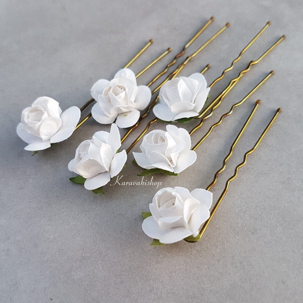 Small white flower hair pins SET of 6, Bridesmaid Bridal hair pins,Romantic prom hair accessory,Wedding hair pins,Rose buds hair flower