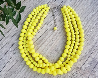Neon Yellow Beaded Statement Necklace, Color Block Jewelry