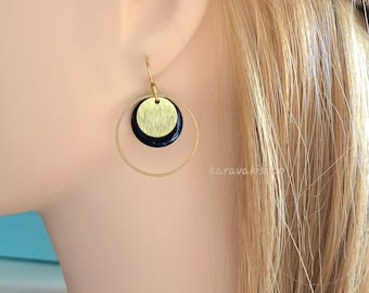 Navy blue circle dot earrings gift for her,Circle in a circle gold and blue dot jewelry,Dark Blue elegant feminine minimal earrings