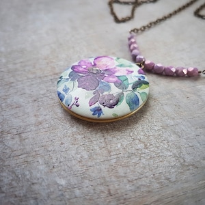 Whimsical  photo locket, Flower pendant, Romantic necklace