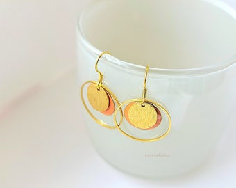 Gold and orange enamel circle earrings,Circle in a circle dot jewelry gift for her, Orange elegant feminine minimal earrings