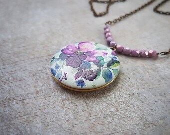Whimsical  photo locket, Flower pendant, Romantic necklace