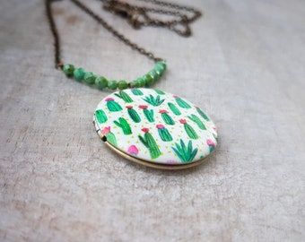 Gift for a gardener Cactus necklace- Whimsical Photo locket necklace-Photo locket pendant-Mother gift-Cacti necklace