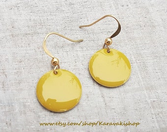 Mustard yellow earrings,Round Elegant enamel earrings,Mustard yellow jewelry