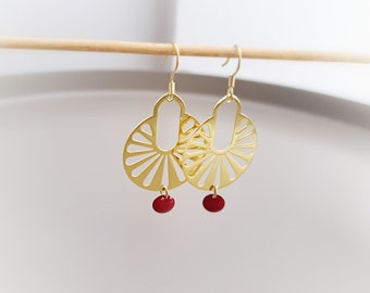 Gold and red geometric dangle earrings gift for her, Statement stainless steel Art Deco jewelry, Gift for sister mom girlfriend