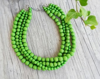 Multistrand green necklace,Bright beaded apple green necklace,Bridesmaid green necklace,Chunky green statement necklace,Green jewelry