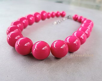 Hot pink fuchsia chunky bead necklace,Hot pink jewelry,Fuchsia Statement Retro necklace,Office everyday necklace,Simple fuchsia necklace