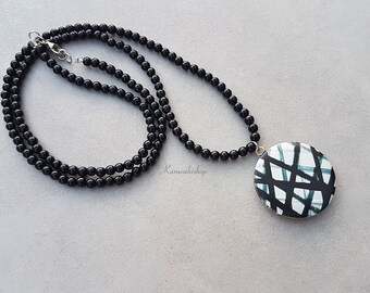 Black geometric Photo locket necklace - Photo locket pendant - Abstract modern minimal necklace - Long black locket necklace-Locket jewelry
