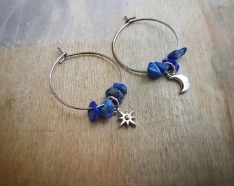 North star crescent moon Lapis Lazuli hoop earrings,Gemstone hoops,Moon and Star Mismatched earrings