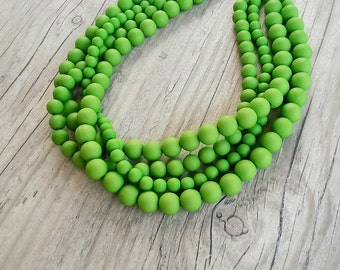 Multistrand Green Necklace,bright Beaded Apple Green