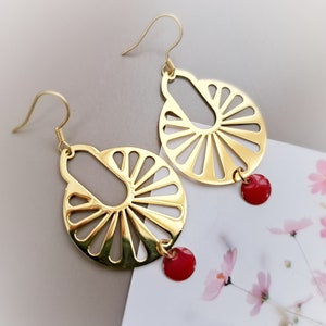 Geometric Gold and red dangle earrings gift for her, Art Deco Statement stainless steel  jewelry, Gift for sister mom girlfriend