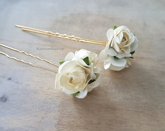 Tiny Cream ivory flower hair pins cluster of three,Bridesmaid Bridal hair pin,Romantic hair accessories,Wedding hair pins,Cream hair flowers