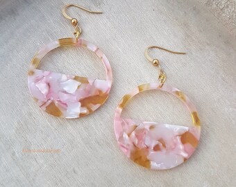 Pastel Pale pink and mustard lightweight earrings, Spring summer earrings,Beach earrings gift for her, Semicircle minimal jewelry