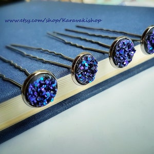 Sparkly Starry night Galaxy wedding,hair pins,Outer space celestial wedding,Ultra violet black galaxy Druzy hair pin,Bridesmaid hair pins