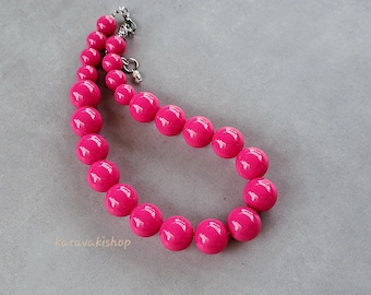Collier Sautoir Femme Fantaisie Rétro - Perles De Verre Rose Fuchsia, Longueur 120-130 Cm, Neuf Sans Emballage