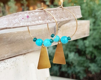 Boho gold turquoise hoop earrings,Turquoise hoop earrings,Agate aquamarine Beaded hoops,Lightweight  hoop earrings