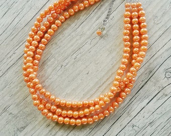 Orange pearl necklace,bridesmaids orange necklace,Tangerine necklace,Bridesmaids gift,Bridal orange jewelry,Orange wedding,Three strand