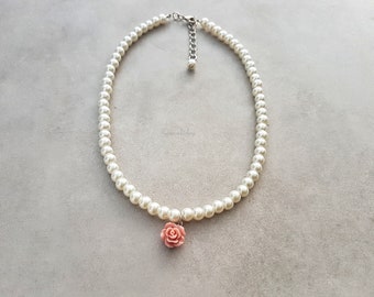 Flower girl necklace,Dusty pink rose pearl necklace, flower girl jewelry,Wedding necklace,Pearl necklace for kids,Kids jewelry