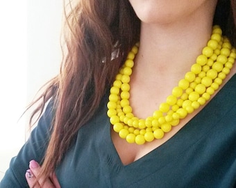 Yellow statement necklace, Chunky yellow necklace, Sunshine necklace, Yellow jewelry, Bright yellow multi strand necklace,