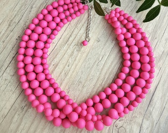 Chunky hot pink fuchsia four strand statement beaded necklace, Bridesmaid gift, Color blocking