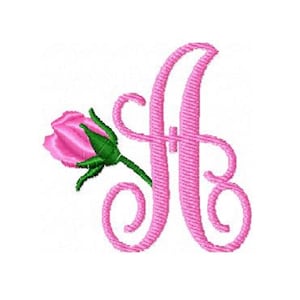 May include: A pink embroidered letter "A" with a decorative flourish design, accompanied by a pink rose with green leaves and stem. The design is set against a white background.