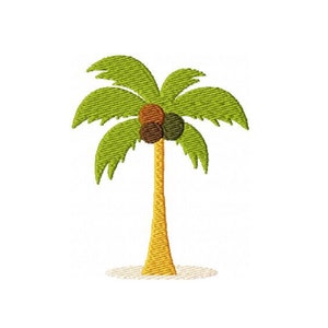 May include: A green palm tree with a brown coconut on top, standing on a white sandy beach.