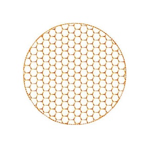 May include: A circular gold-colored metal mesh with a honeycomb pattern.
