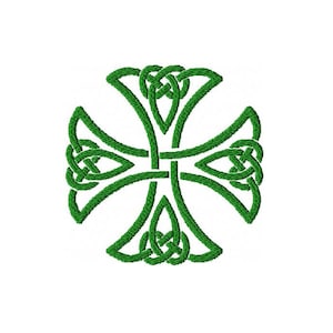 May include: A green Celtic knot cross design. The cross is made up of interlacing knots.