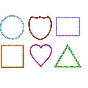May include: Six different shapes outlined in rope. The shapes are a circle, shield, rectangle, square, heart, and triangle. The circle is blue, the shield is red, the rectangle is purple, the square is orange, the heart is pink, and the triangle is green.