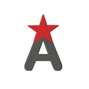 May include: An embroidered patch featuring the letter A in dark gray thread, with a bright red five-pointed star positioned directly above the top point of the letter. The design has a visible stitched texture throughout the entire shape.