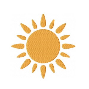May include: Embroidered design of a yellow sun with a textured appearance. The sun has a circular center with pointed rays extending outwards. The design is set against a white background, creating a bright and cheerful image.