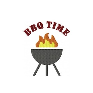 May include: A red and white graphic with the text "BBQ TIME" above a black grill with flames.