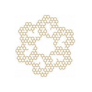 May include: A geometric design of a flower with a honeycomb pattern in gold.