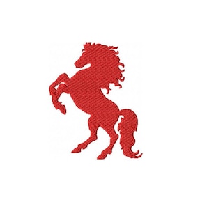 May include: A red embroidered silhouette of a rearing horse on a white background. The horse is depicted with its front legs raised, showcasing its muscular form and flowing mane and tail. The design is detailed and textured.