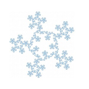 May include: A blue fractal pattern on a white background. The intricate design features repeating geometric shapes, creating a complex and symmetrical visual. The pattern resembles a snowflake or a stylized flower.