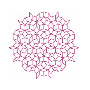 May include: A circular, geometric design in a vibrant magenta hue. The pattern is composed of interconnected, stylized star and cube shapes, creating a complex, symmetrical arrangement. The design is set against a clean white background.