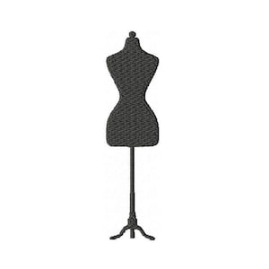 May include: A black dress form silhouette, a tailor's mannequin, stands on a white background. The form has a rounded top, a slender waist, and a flared bottom. The form is supported by a thin pole and a tripod base.