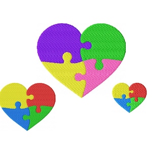 Autism Heart Puzzle Machine Embroidery Design Puzzle Pieces Autism Awareness Pattern in 3 Sizes