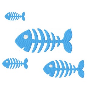 May include: Four blue fish skeletons with white eyes. The skeletons are arranged in a scattered pattern on a white background.