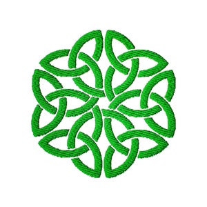 Puede incluir: Un diseño de nudo celta verde con intrincados bucles entrelazados, creando un patrón circular.