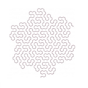 Może przedstawiać: Złożony, symetryczny wzór przypominający płatek śniegu, złożony z połączonych, ciemnoczerwonych, zakrzywionych linii na białym tle. Złożony wzór wypełnia centralną przestrzeń, tworząc atrakcyjne wizualnie geometryczne dzieło sztuki.