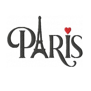 Puede incluir: Diseño bordado con la palabra "París" en una fuente estilizada. La Torre Eiffel reemplaza la letra "I", y un corazón rojo reemplaza el punto sobre la "I". El diseño está en hilo negro sobre un fondo blanco.