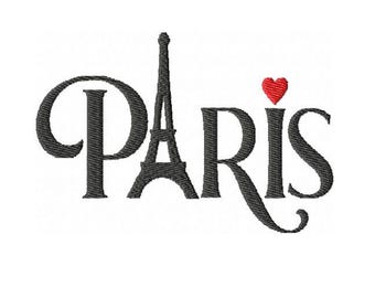 Puede incluir: Diseño bordado con la palabra "París" en una fuente estilizada. La Torre Eiffel reemplaza la letra "I", y un corazón rojo reemplaza el punto sobre la "I". El diseño está en hilo negro sobre un fondo blanco.