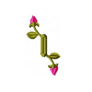 May include: An embroidered design of a stylized rose stem with two pink rosebuds and green leaves. The stem is a vertical, segmented shape, and the leaves are detailed with a textured appearance. The design is set against a white background.