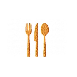 May include: An embroidered design featuring a fork, knife, and spoon in a golden-yellow hue. The cutlery is arranged vertically against a white backdrop. The embroidery has a textured appearance, with visible thread detailing.