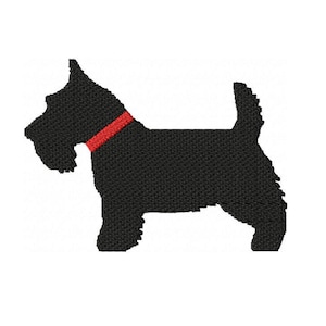 Op de afbeelding: Zwarte silhouet van een Schotse Terriër met een rode halsband.